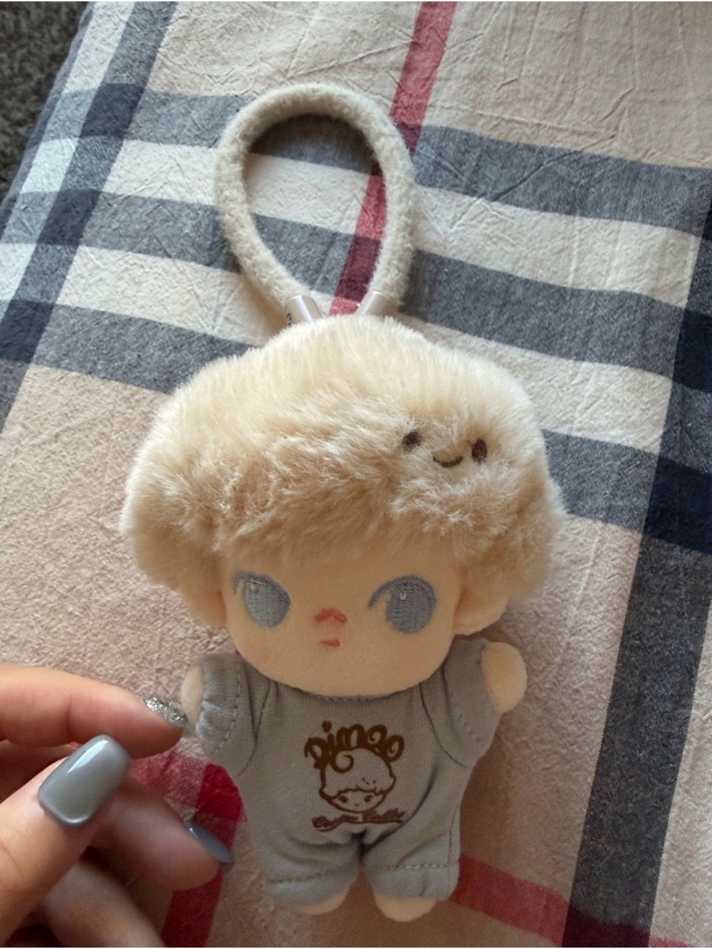 Plush Cream Doll Bag Charm with Light Blue Outfit